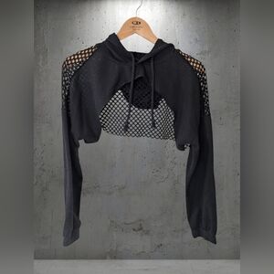 SHEIN Black Cropped Fishnet Pullover Hoodie
